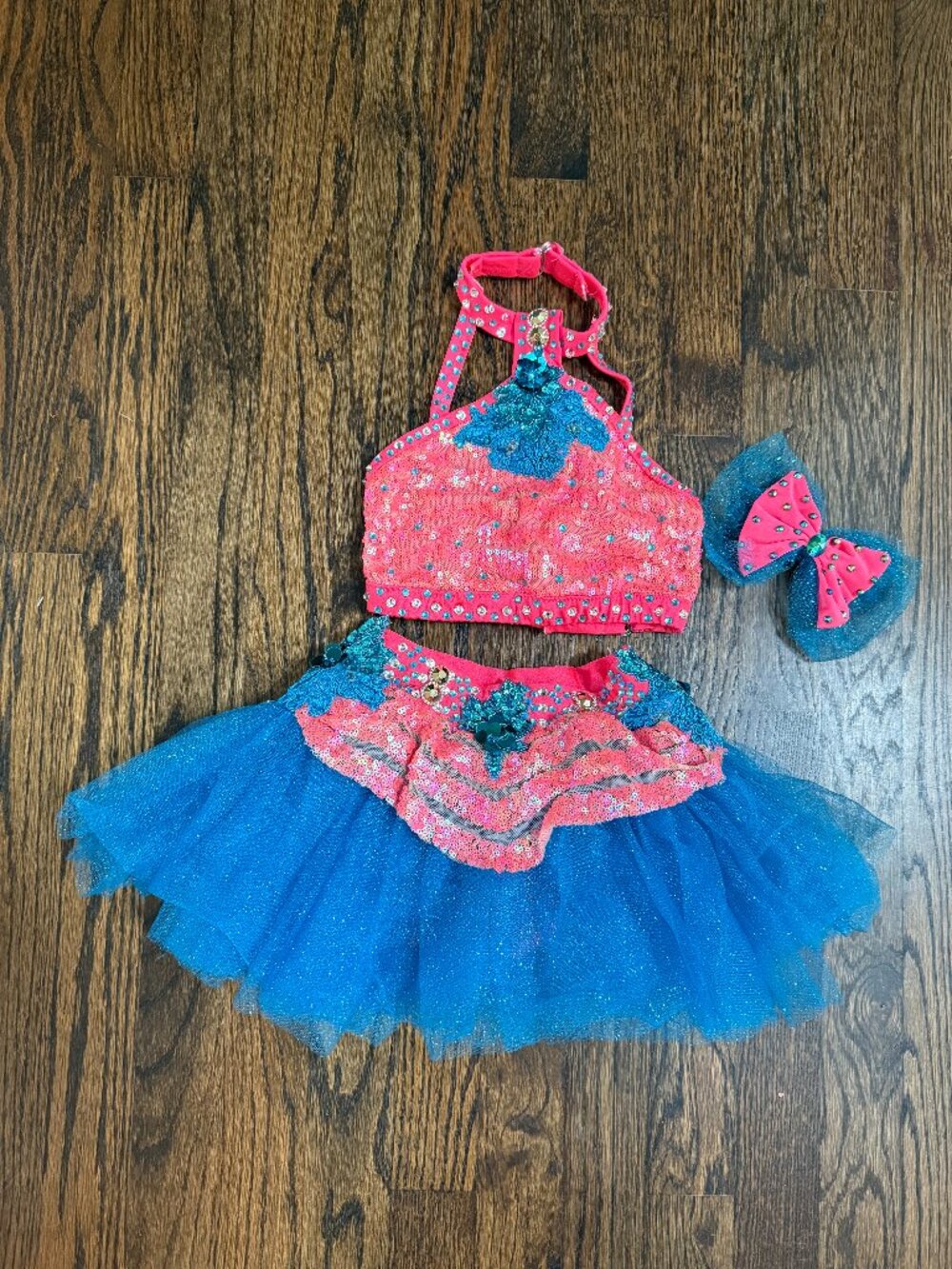 Custom Pat Hall Dance Costume Neon Coral and Blue Jazz Skirt Two 2 Piece Child M